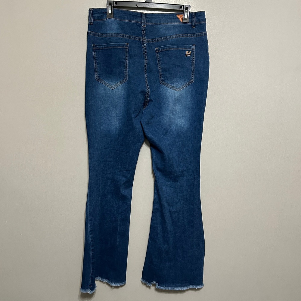 Red Bottoms Flare Jeans Womens 34X30 Blue Raw Hem High Rise Denim Retro Y2k Boho - Picture 2 of 11